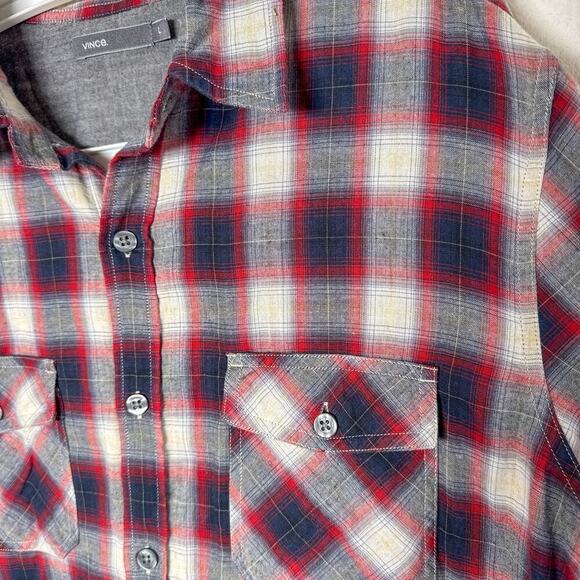 Vince Red Navy Gray Plaid Cotton Button Down Shirt Men’s Large - Picture 4 of 10